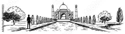 Obraz na plátně Taj Mahal central view with garden walkway and lone silhouette in minimalist han