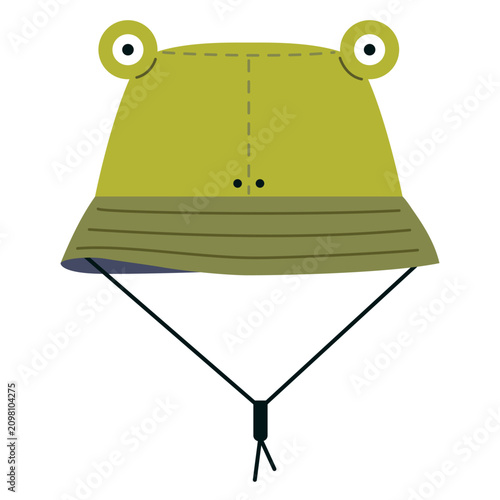 Cute frog bucket hat isolated on white background. Funny summer hat for camping, hiking and outdoor adventures. Flat vector illustration