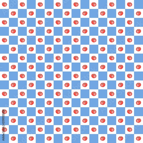seamless retro kitchen pattern with tomatoes and blue squares, vintage print, wrapping paper, textile kitchen print