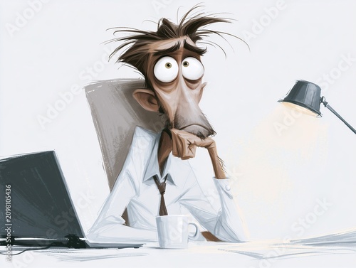 Office worker sits at desk, looking stressed and deep in thought while surrounded by work items