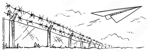 Fotografía Paper plane flying over barbed wire fence against cloudy sky hand drawn sketch s