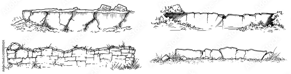 Obraz premium Ancient stone ruins and ruined wall foundations among wild grass in hand drawn ink sketch style