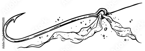 Foto Large metal fishing hook with torn cloth bait underwater with bubbles in hand dr