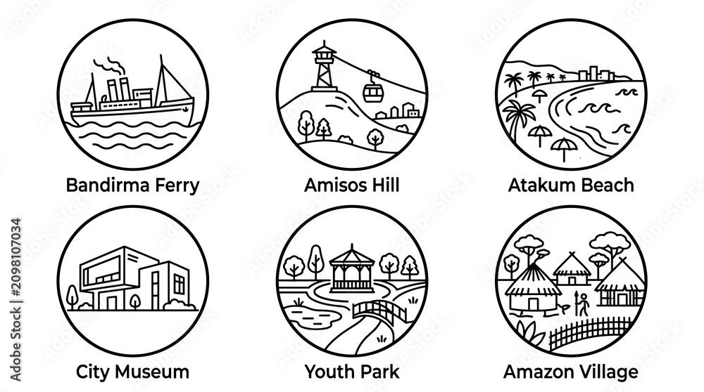 Obraz premium Minimal Circular Bandirma Landmark Icons Set Featuring Bandirma Ferry Amfitheater Hill Atatürk Beach City Museum Youth Park and Amazon Village Vector Illustration