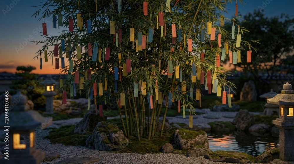 Obraz premium Japanese Garden With Colorful Paper Strips Hanging On Bamboo Tree At Dusk