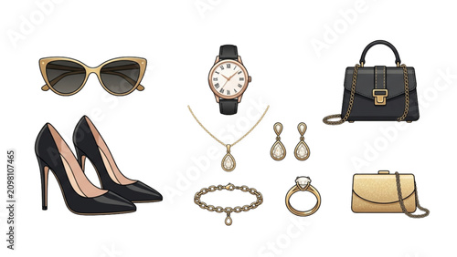 Assorted stylish women's accessories set on neutral background Vector