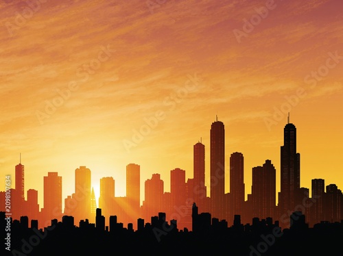 Panoramic city skyline at sunset with golden light and modern buildings