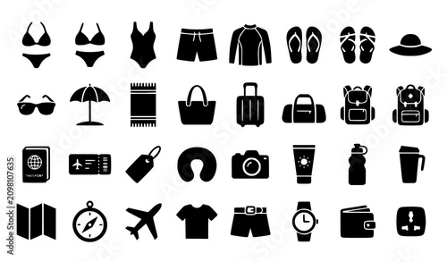 Bild auf Leinwand Modern beachwear and travel flat icon collection with swimwear luggage accessori