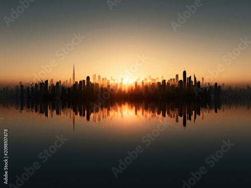 Panoramic city skyline at sunset with golden light and clear horizon over water