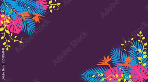 Foto Vibrant tropical floral patterns adorn the purple background with colorful leaves and flowers
