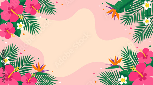 Fotografie Vibrant tropical floral pattern with pink flowers and green leaves on abstract b