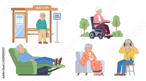 Senior citizens engaging in daily activities at a bus stop, relaxing at home, and enjoying leisure time in a community setting