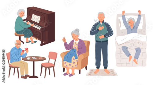 elderly people engaging in everyday activities during their daily routines at home and social gatherings in a lively and warm
