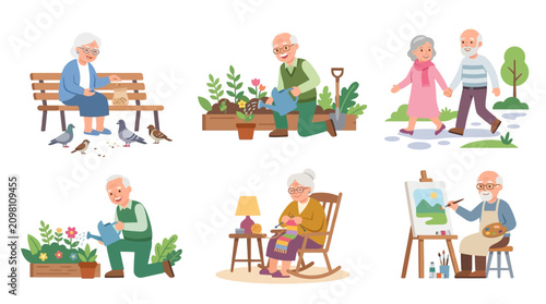 Senior citizens engaging in outdoor and indoor activities promoting community and creativity in a diverse living environment