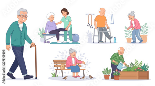 Senior citizens engaging in daily activities including walking, exercising, gardening, and socializing in a vibrant community