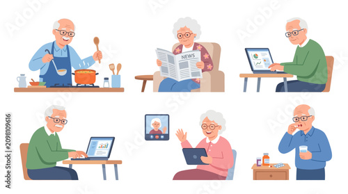 Older adults engaging in daily activities including cooking, reading, working on a laptop, video calling, and relaxing in a cozy