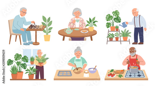 Senior adults engaging in various everyday activities emphasizing healthy lifestyle and community interaction in a vibrant