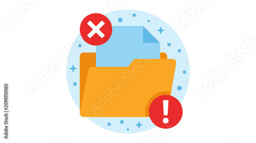 Foto Error icon appears on a file folder with warning sign indicating a problem