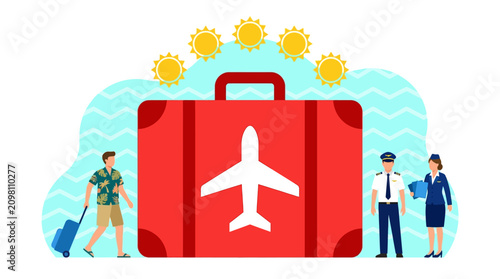 Photography Travelers with luggage and airplane icon on suitcase at airport during sunny day
