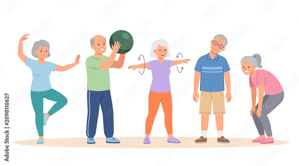 Fototapeta premium Happy elderly people engaging in various physical activities to promote health and well-being in a lively community setting