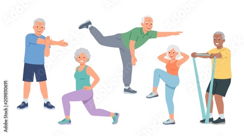 Group of elderly and middle-aged adults engaging in cheerful outdoor exercises and stretching activities for fitness and