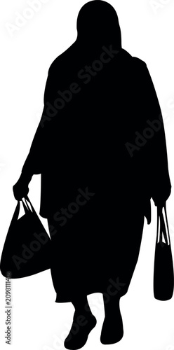 an old woman walking with bags, silhouette vector