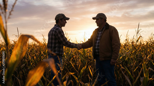 Two farmers shaking hands after reaching an agricultural agreement in a cornfield at sunset.