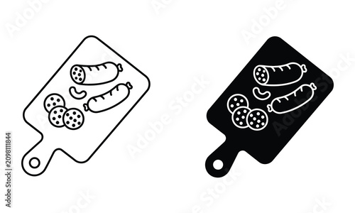Professional Minimal Vector Icon Sausage on cutting board icon Editable Stroke, Outline and Solid Style, Black Monochrome, Isolated on White Background