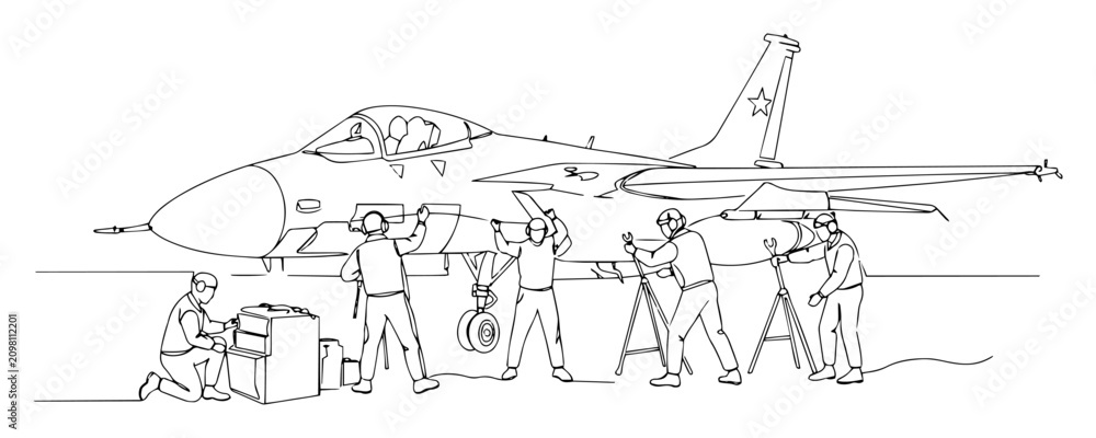 Obraz premium fighter jet maintenance ground crew outline