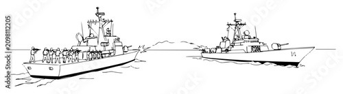 Foto navy warships at sea with crew outline