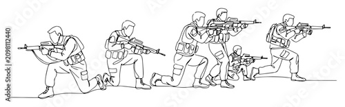 Fotografija infantry squad moving in tactical formation contemporary single line art in abst