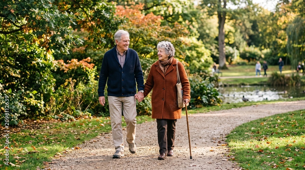 Obraz premium Elderly couple holding hands walking on a path in a park during autumn with colorful foliage and a pond in the background