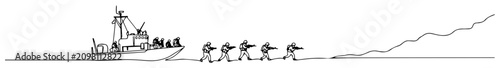 Konstfotografi amphibious landing with soldiers from boat continuous line drawing style