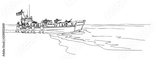 Foto soldiers disembarking on beach from landing craft continuous line drawing style
