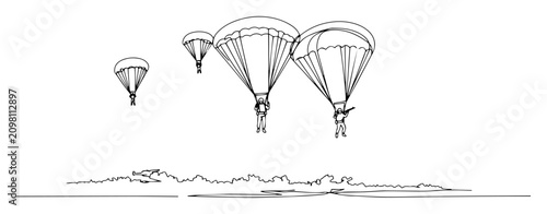 Billede på lærred paratroopers descending onto terrain delicate linear artwork featuring smooth un