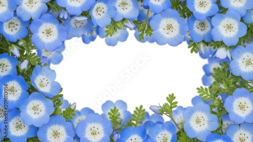 Bright blue nemophila flowers arranged as a floral border frame with empty space. Wallpaper Background image