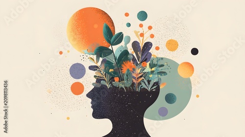 Silhouette blooming creativity. Abstract human head with flowers and leaves. Flat illustration.