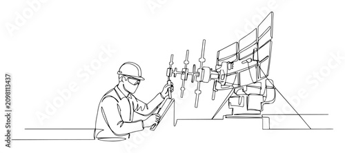 Cuadro en lienzo technician adjusting large satellite antenna vector monoline shape outline