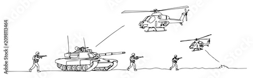Tableau sur toile ground and air coordination in battlefield monoline vector outline
