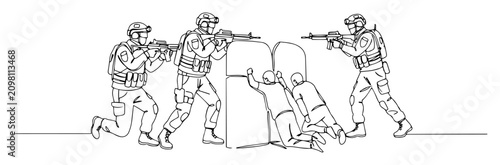 Tableau sur toile soldiers breaching shielded entry point monoline vector outline