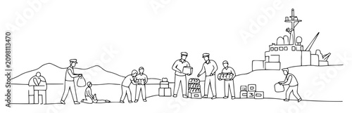 logistics team unloading cargo at naval base monoline vector outline