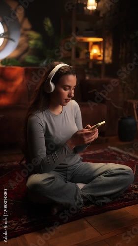 Young brunette woman in headphones listening to music and texting on smartphone at night. Vertical shot of happy female chatting on phone while sitting on floor in cozy room