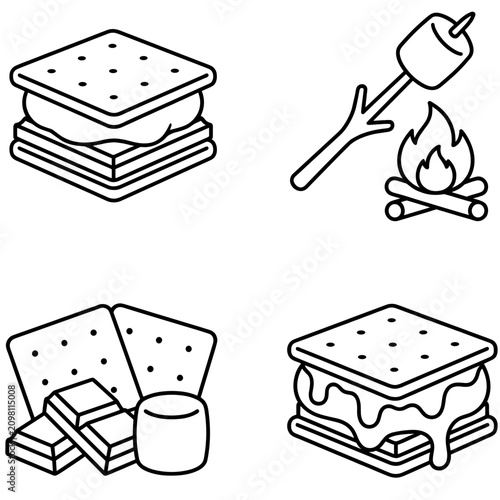 S’mores camping icon set collection with marshmallow roasting stick campfire and dessert sandwich outline vector isolated on transparent background