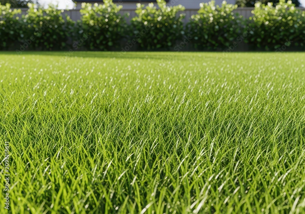 Obraz premium A perfectly manicured green lawn stretches across a suburban backyard under bright sunlight, showcasing lush blades of grass and texture, mowing, botany, lush