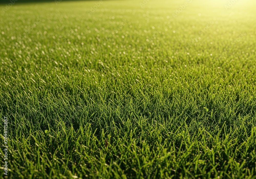 Fototapeta premium Lush green lawn grassplot stretches across a garden, featuring freshly mowed textures and vibrant emerald blades under bright warm sunlight, verdant, emerald, landscape