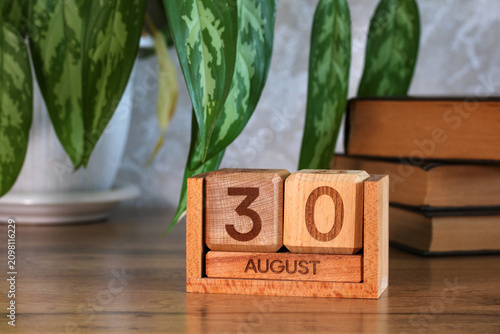 Cuadro en lienzo Wooden block calendar showing 30 August on desk with stacked books and green houseplant