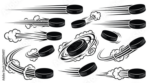 Black and white vector illustration of fast moving hockey pucks with dynamic motion speed lines