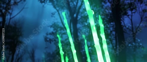 Neon green lines through dark forest