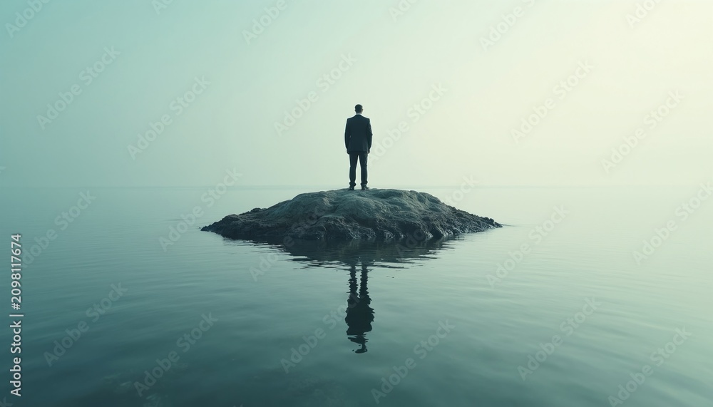 Obraz premium Man in suit stands on tiny island in calm ocean water. Lone figure reflects on water surface. Foggy background suggests isolation and solitude. Minimalist composition evokes deep thought.