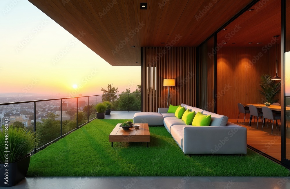 Obraz premium Modern balcony terrace with artificial grass floor, wooden ceiling. Large lounge sofa with green pillows sits outside overlooking city sunset. Luxury apartment living room interior connects to
